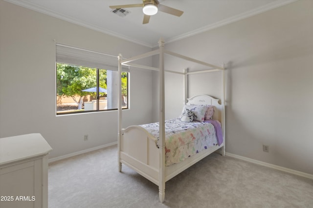 3410 E Inglewood Cir, Mesa, AZ 85213 - bedroom featuring baseboards, ornamental molding, light colored carpet, and visible vents