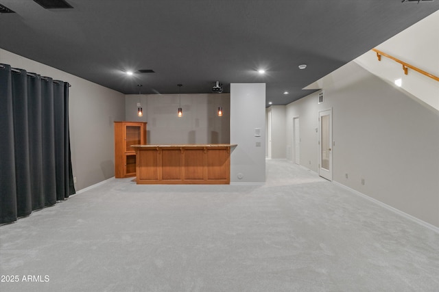 3410 E Inglewood Cir, Mesa, AZ 85213 - unfurnished living room featuring a bar, recessed lighting, baseboards, and light carpet