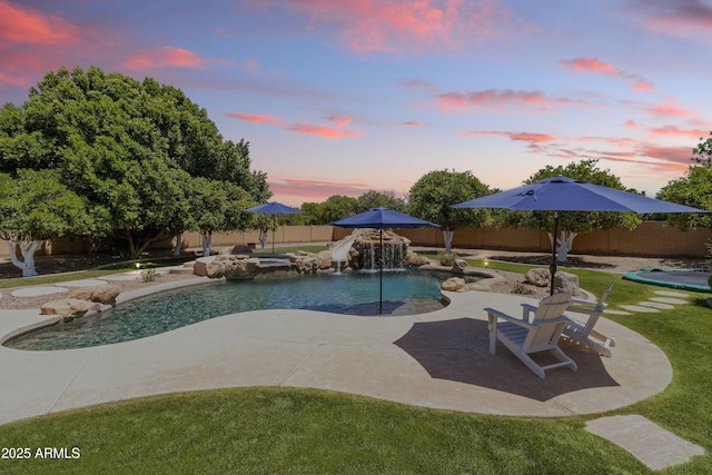 3410 E Inglewood Cir, Mesa, AZ 85213 - view of swimming pool with a lawn, a patio, a fenced in pool, and a fenced backyard