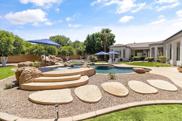 3410 E Inglewood Cir, Mesa, AZ 85213 - view of swimming pool with a fenced backyard, a fenced in pool, an in ground hot tub, and a patio area