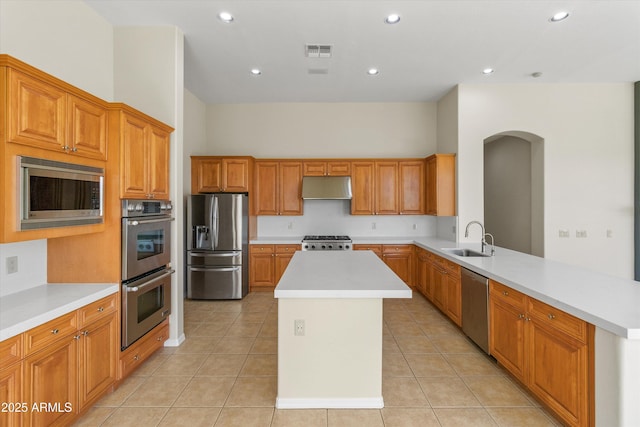3410 E Inglewood Cir, Mesa, AZ 85213 - kitchen with a sink, arched walkways, stainless steel appliances, a peninsula, and under cabinet range hood
