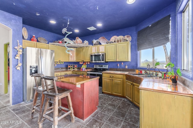 kitchen with appliances with stainless steel finishes, a center island, a breakfast bar area, and sink