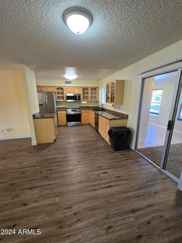 kitchen featuring sink, a textured ceiling, light brown cabinetry, dark hardwood / wood-style flooring, and stainless steel appliances