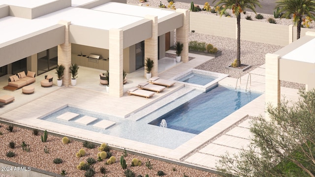 view of swimming pool with outdoor lounge area, a patio, and an in ground hot tub