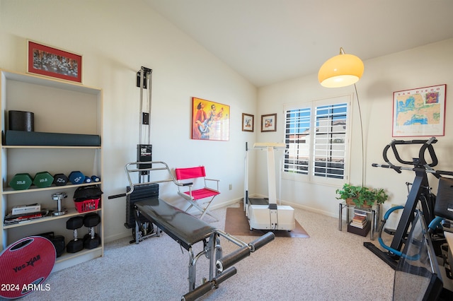 exercise room featuring carpet flooring and lofted ceiling