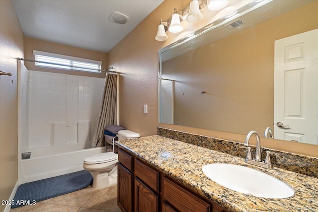 full bathroom featuring tile patterned flooring, vanity, toilet, and shower / bath combo