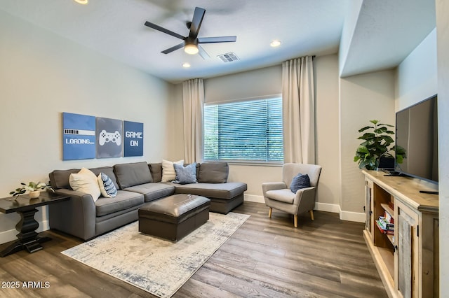 1890 E Sagittarius Pl, Chandler, AZ 85249 - living room with ceiling fan, baseboards, wood finished floors, and recessed lighting