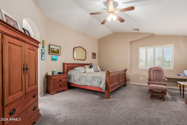 carpeted bedroom featuring ceiling fan and lofted ceiling