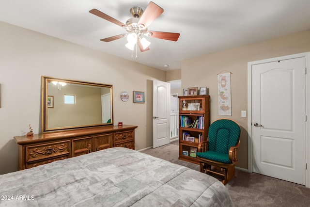 bedroom featuring light carpet and ceiling fan