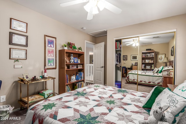 bedroom featuring ceiling fan, a closet, and carpet floors