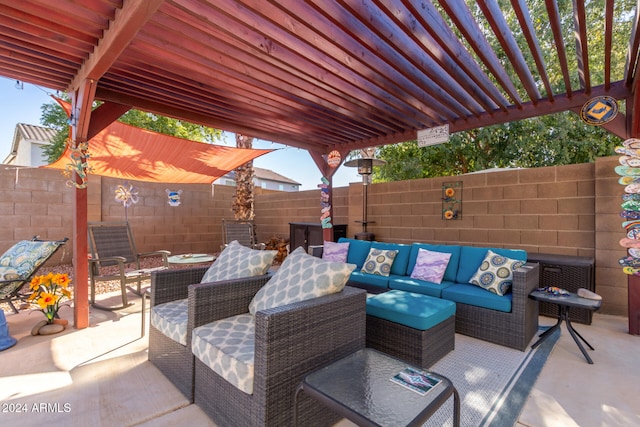 view of patio featuring outdoor lounge area and a pergola