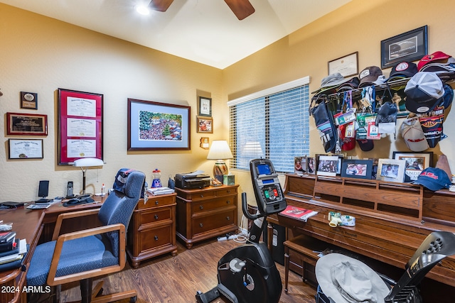 office space with dark wood-type flooring and ceiling fan