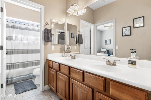 bathroom with ceiling fan, tile patterned flooring, vanity, and toilet