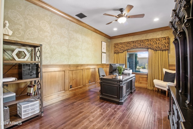 office space featuring ceiling fan, dark hardwood / wood-style flooring, and crown molding