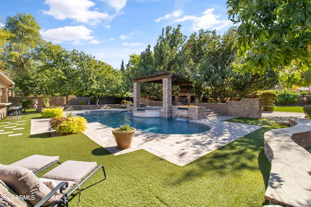 view of swimming pool featuring a lawn and a patio