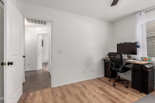 office featuring ceiling fan and light wood-type flooring