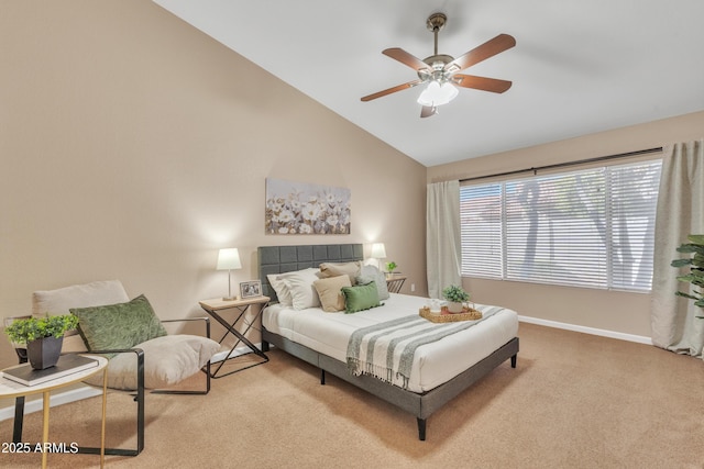 carpeted bedroom featuring high vaulted ceiling