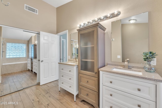 bathroom featuring vanity, hardwood / wood-style floors, and a washtub