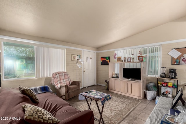 living room featuring light tile patterned floors and vaulted ceiling