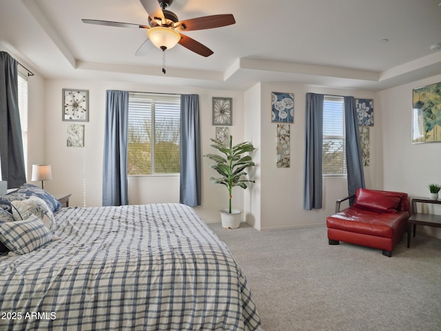 bedroom featuring ceiling fan, carpet flooring, and a raised ceiling