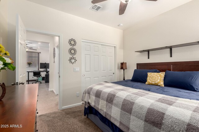 13123 W Cottontail Ln, Peoria, AZ 85383 - tiled bedroom featuring a desk, a closet, carpet floors, baseboards, and ceiling fan