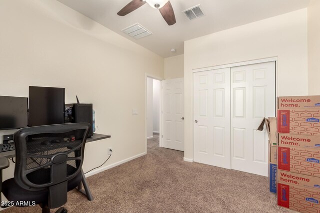 13123 W Cottontail Ln, Peoria, AZ 85383 - carpeted home office featuring a ceiling fan and baseboards