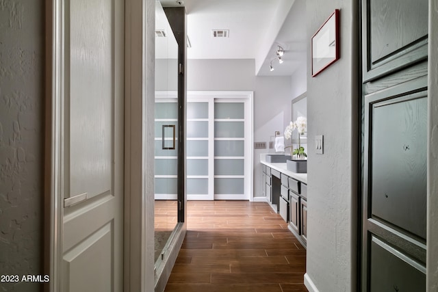 interior space featuring vanity and track lighting