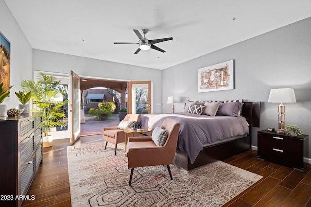 bedroom with ceiling fan and access to exterior