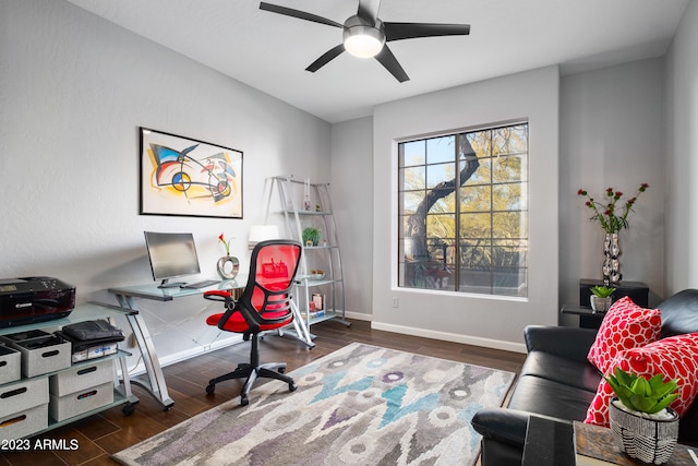 office featuring ceiling fan and dark hardwood / wood-style flooring