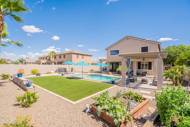 view of swimming pool featuring a fenced in pool, an outdoor hangout area, a fenced backyard, a yard, and a pergola