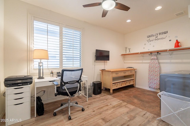 office area featuring visible vents, wood finished floors, baseboards, ceiling fan, and recessed lighting