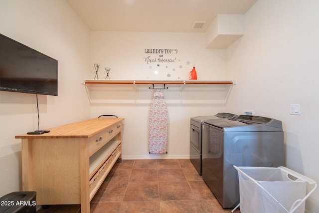 laundry area with baseboards, visible vents, laundry area, and washer and dryer