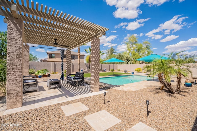 view of swimming pool featuring a patio, a pergola, a fenced in pool, and a fenced backyard