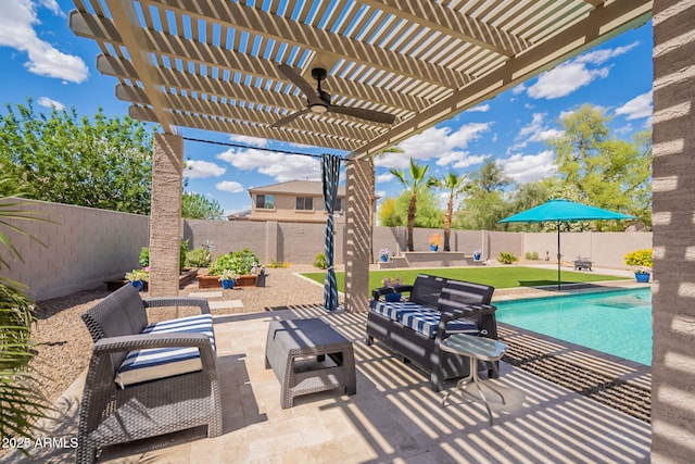 view of patio featuring a fenced in pool, a fenced backyard, outdoor lounge area, and a pergola