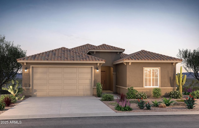 view of front of house featuring driveway, a tile roof, a garage, and stucco siding