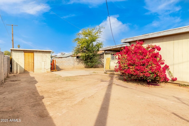 view of yard with a patio and a shed