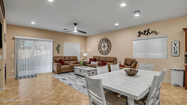 dining space featuring recessed lighting, baseboards, visible vents, a ceiling fan, and light tile patterned flooring