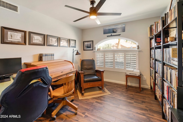 office area featuring ceiling fan and dark hardwood / wood-style flooring