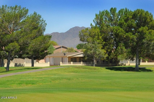 view of community featuring a mountain view and a yard