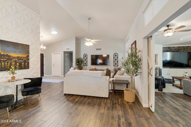 living room with ceiling fan, dark wood-type flooring, and high vaulted ceiling