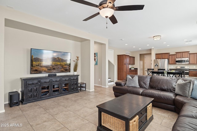 11048 E Quintana Ave, Mesa, AZ 85212 - living room featuring a ceiling fan, light tile patterned flooring, and recessed lighting