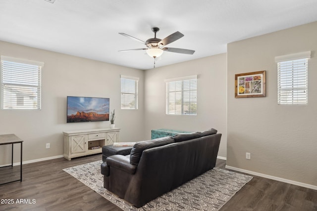 11048 E Quintana Ave, Mesa, AZ 85212 - living room with a ceiling fan and dark wood-style flooring