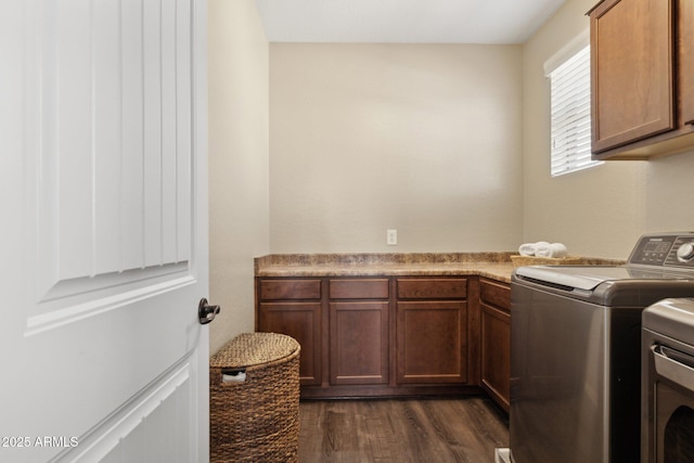 11048 E Quintana Ave, Mesa, AZ 85212 - laundry area with cabinet space, independent washer and dryer, and dark wood-style flooring