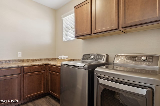 11048 E Quintana Ave, Mesa, AZ 85212 - laundry room with cabinet space, washing machine and clothes dryer, and dark wood-type flooring