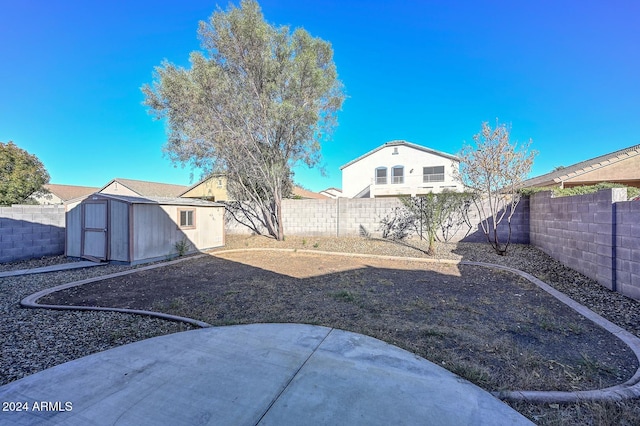 view of yard with a patio area and a shed