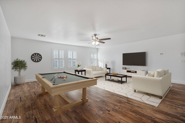 game room with hardwood / wood-style flooring, ceiling fan, and billiards