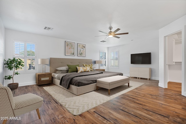 bedroom featuring hardwood / wood-style flooring, ceiling fan, a walk in closet, and a closet