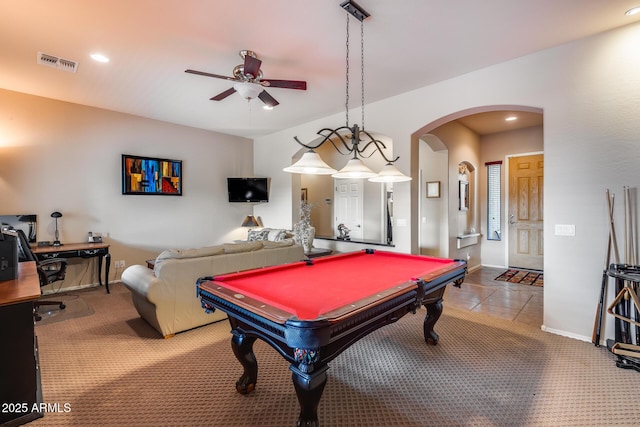 recreation room featuring billiards, light colored carpet, and ceiling fan