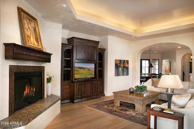 living room featuring light hardwood / wood-style floors and a raised ceiling