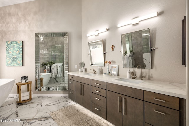 bathroom featuring shower with separate bathtub and vanity